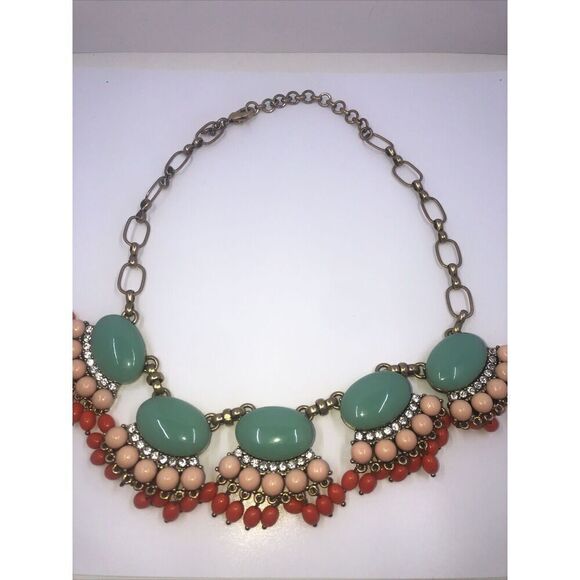 J CREW Teal, Orange, Peach, GLASS & CRYSTAL DRAMATIC RUNWAY NECKLACE Vintage - Picture 1 of 13